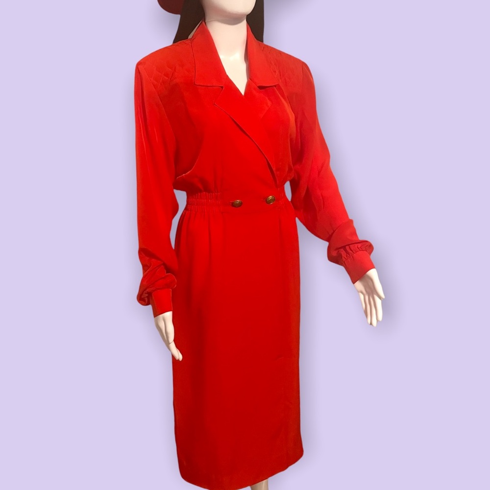 Vintage Caron red collared dress quilted shoulders long sleeve size medium